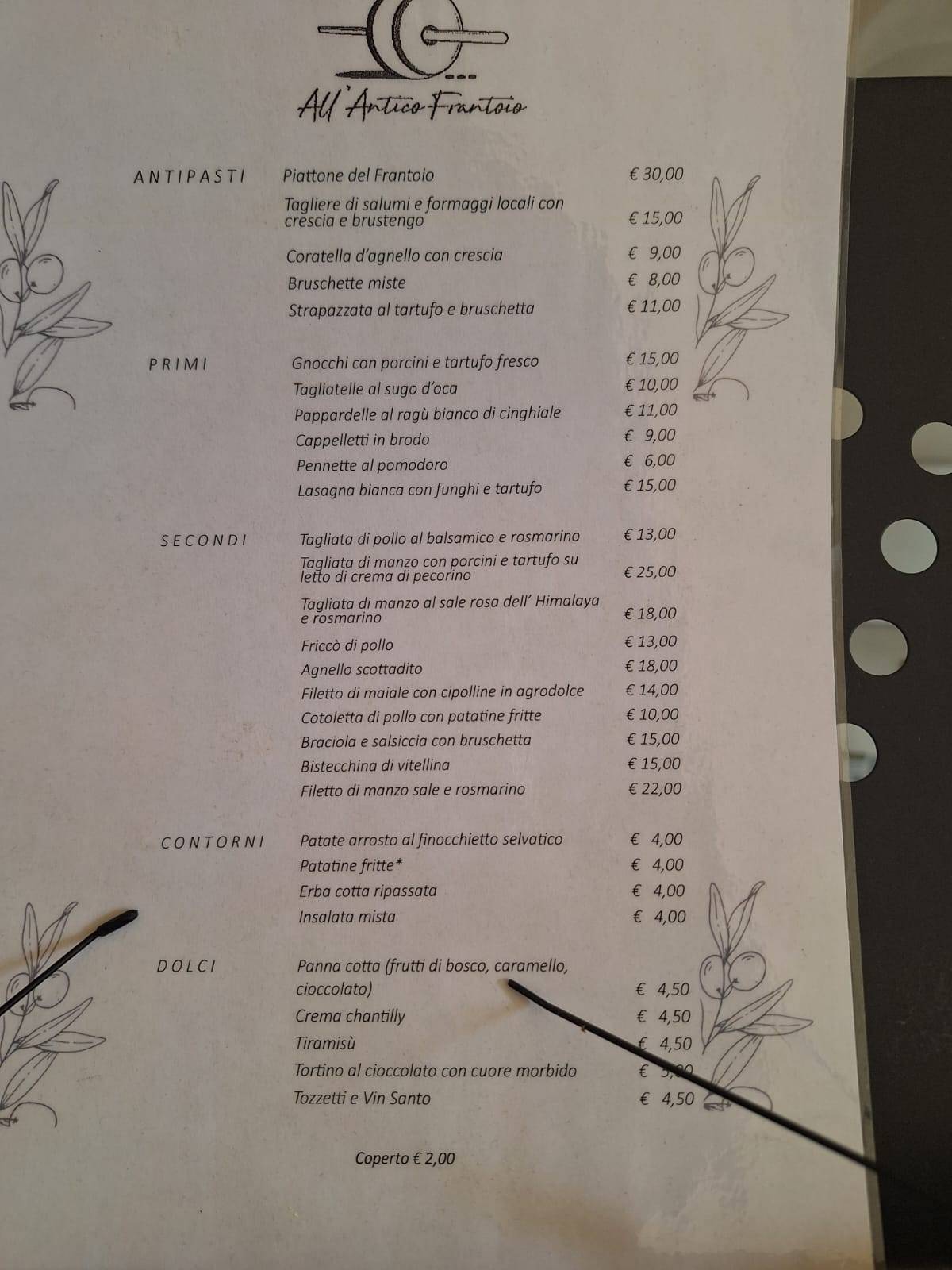 Menu di Ristorante Pizzeria All'Antico Frantoio 