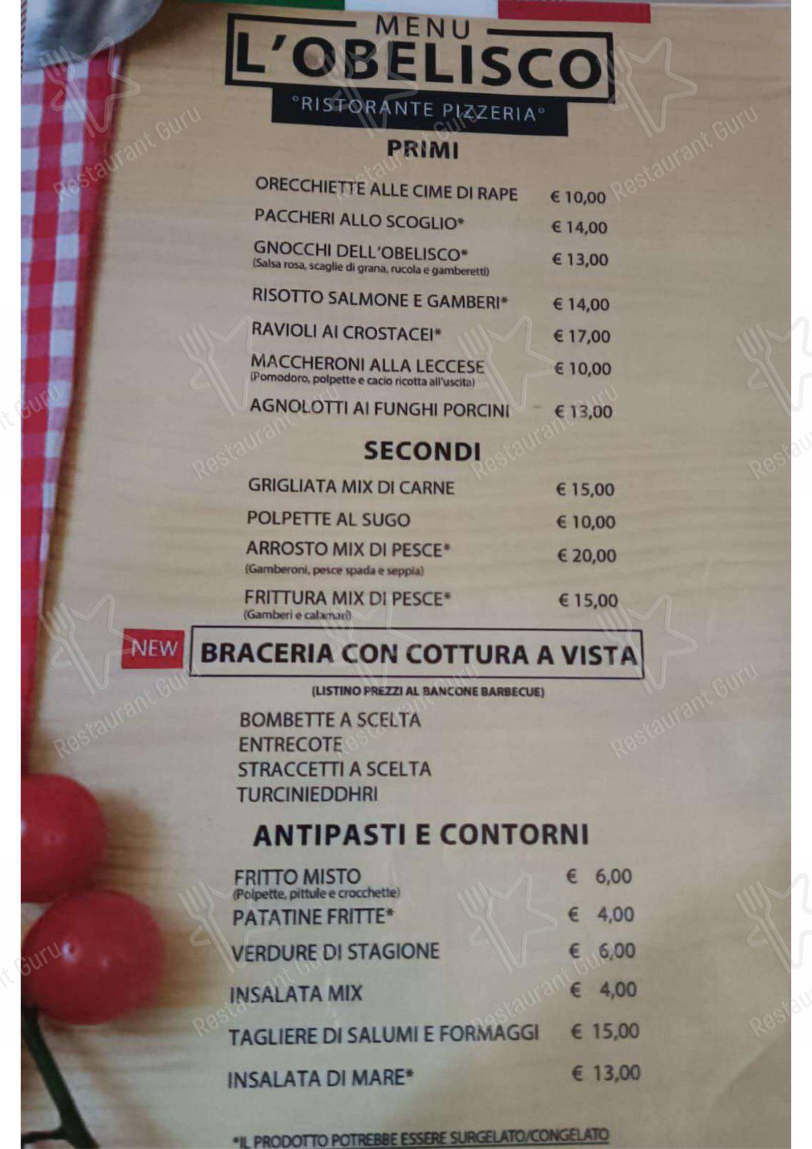 Menu per Ristorante Pizzeria Braceria L'Obelisco ristorante