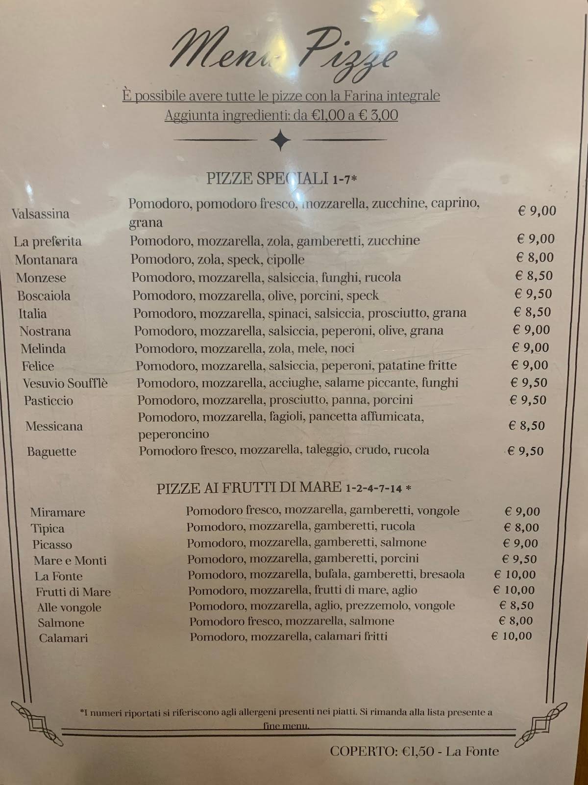 Menu di Ristorante Pizzeria La Fonte - Introbio (lc) 