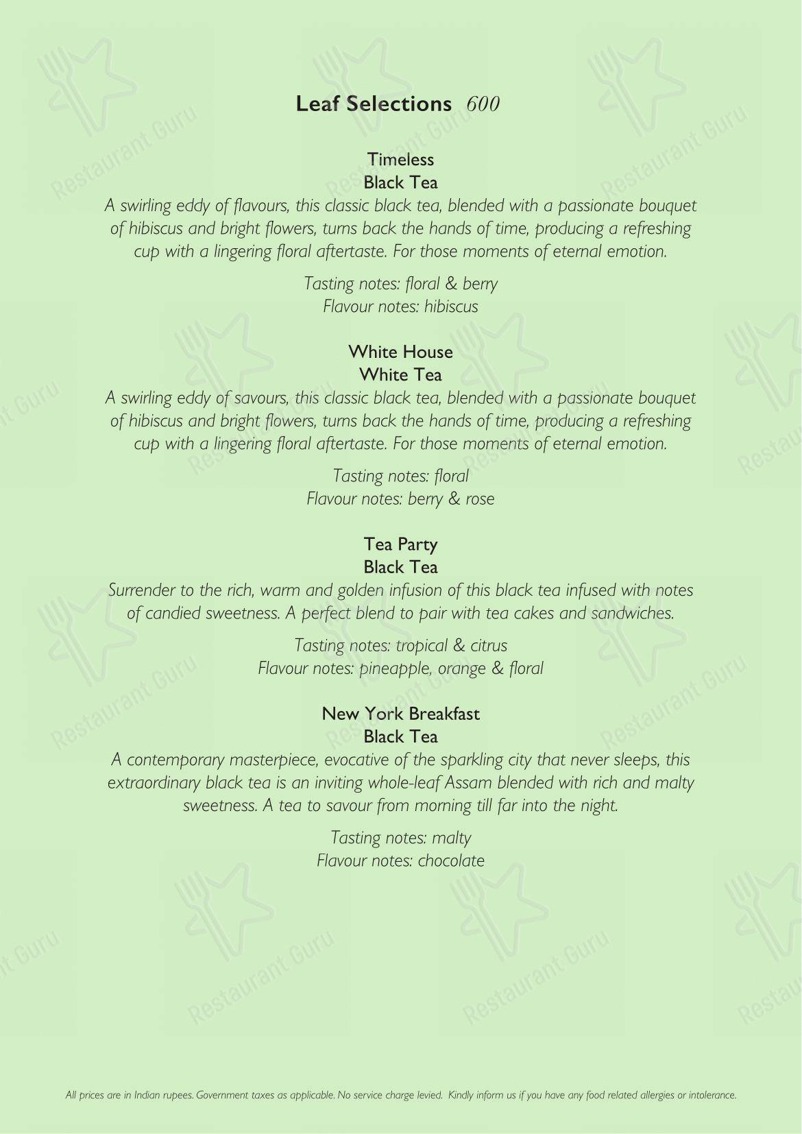Menu for the Roasted by Roseate cafe