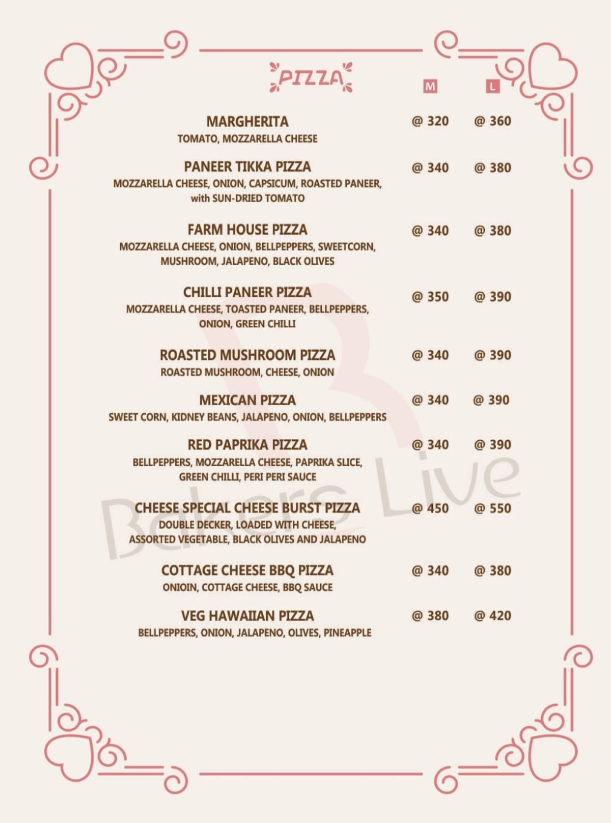 Bakers Live menu