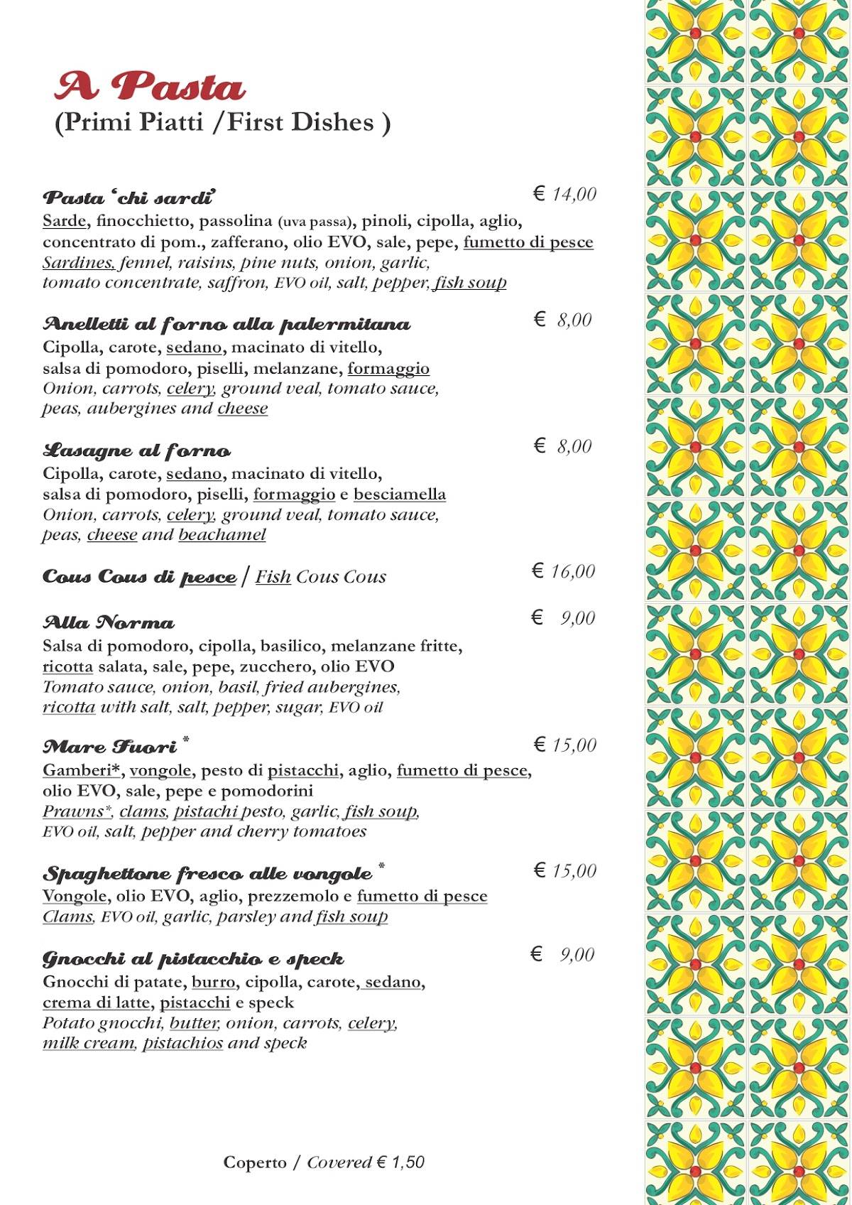 Menu di Rollo' Trattoria & Gastronomia Siciliana 