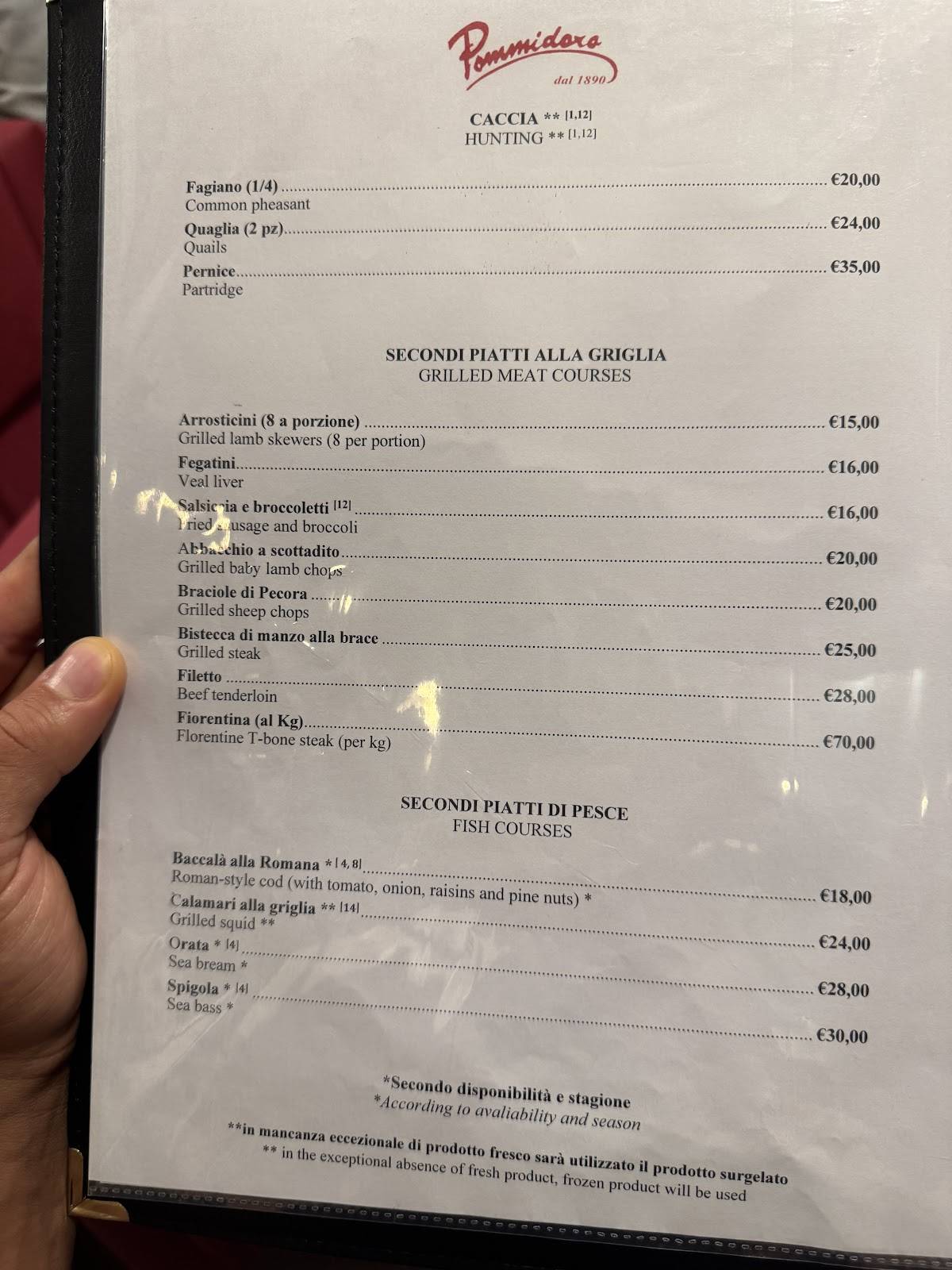 Menu di Pommidoro dal 1890 Ristorante 