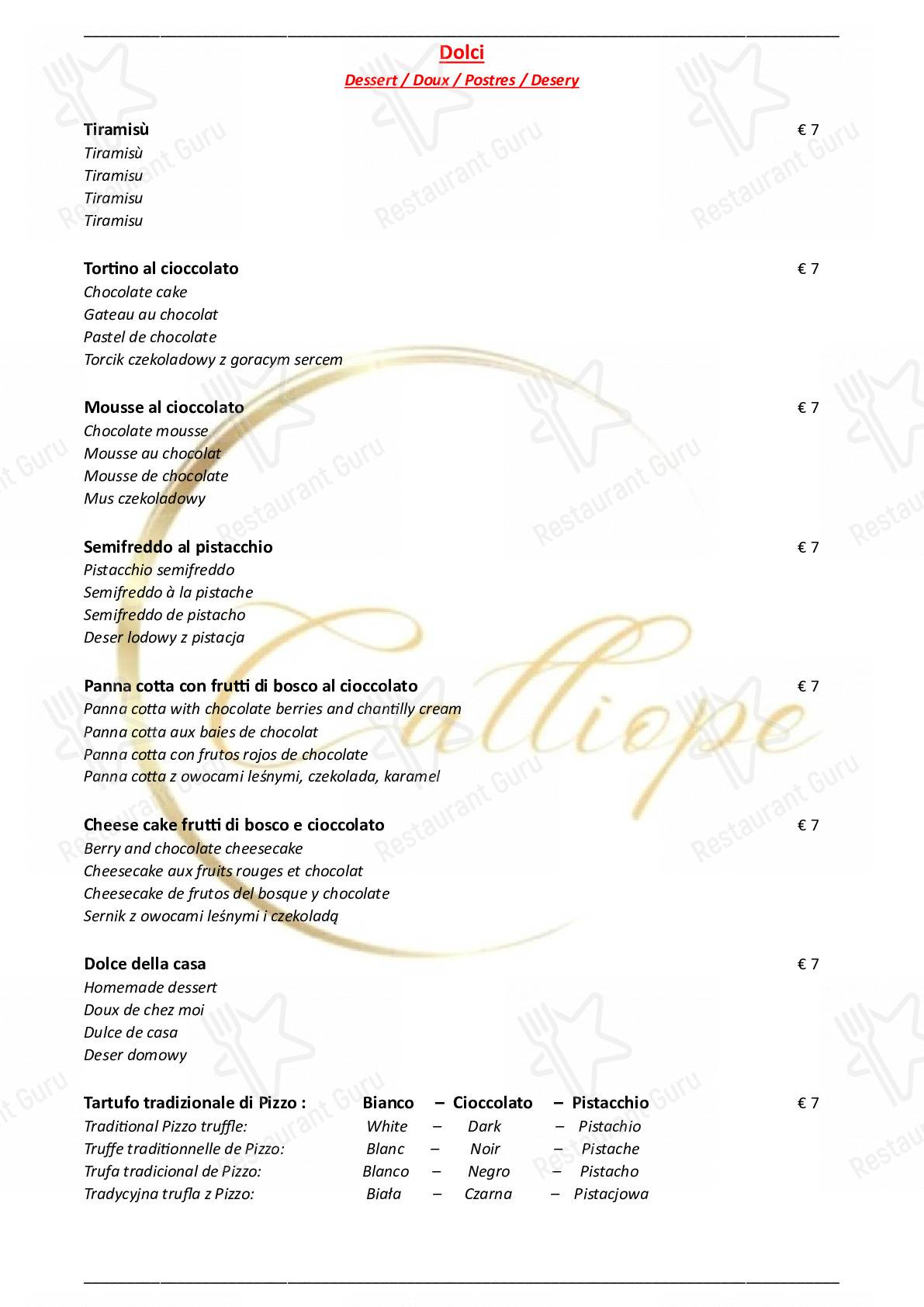 Menu di Ristorante Calliope - piatti e bevande