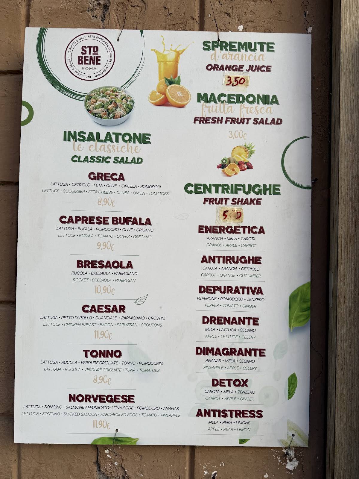 Menu di Sto Bene Roma 