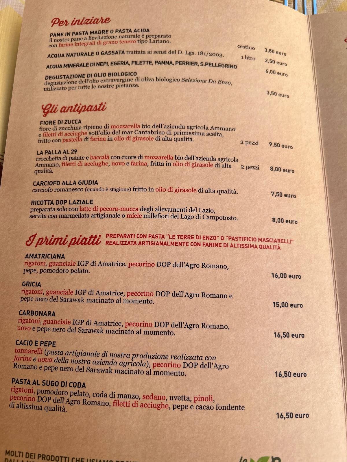 Menu di Trattoria Da Enzo 