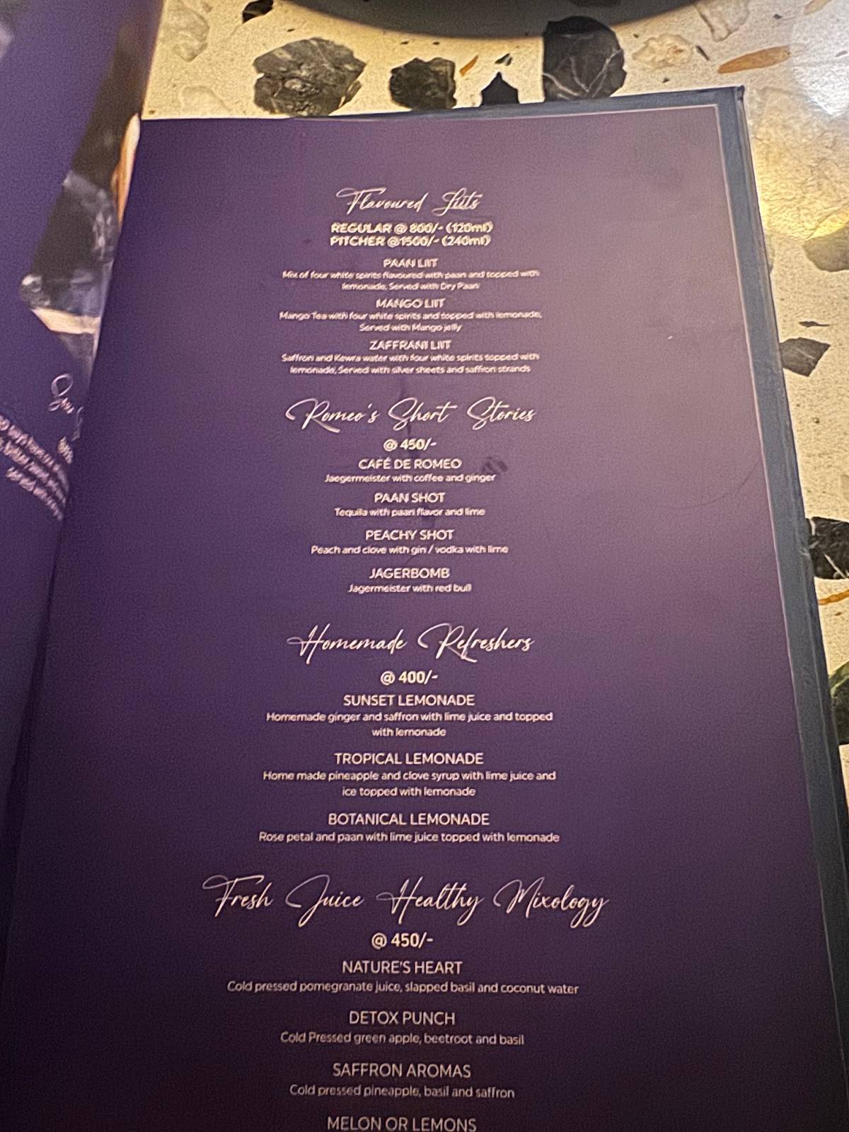 Romeo Lane menu