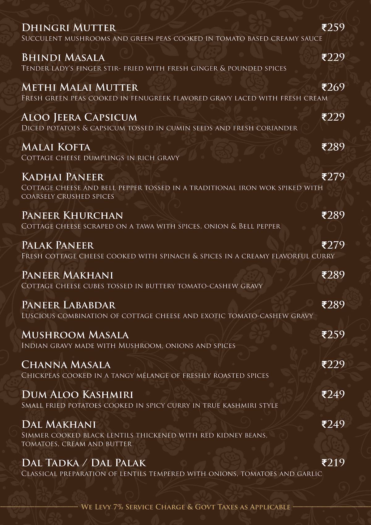 Roots Restaurant menu
