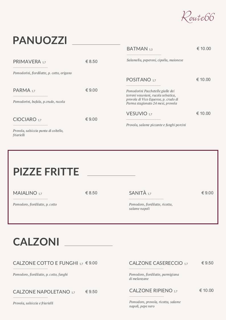Menu di Route 66 Ristorante Pizzeria Italiano 
