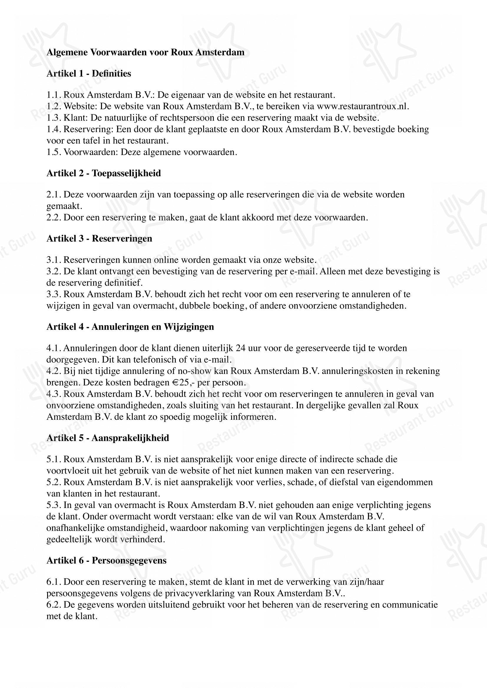 Roux Amsterdam dans Amsterdam - Menu