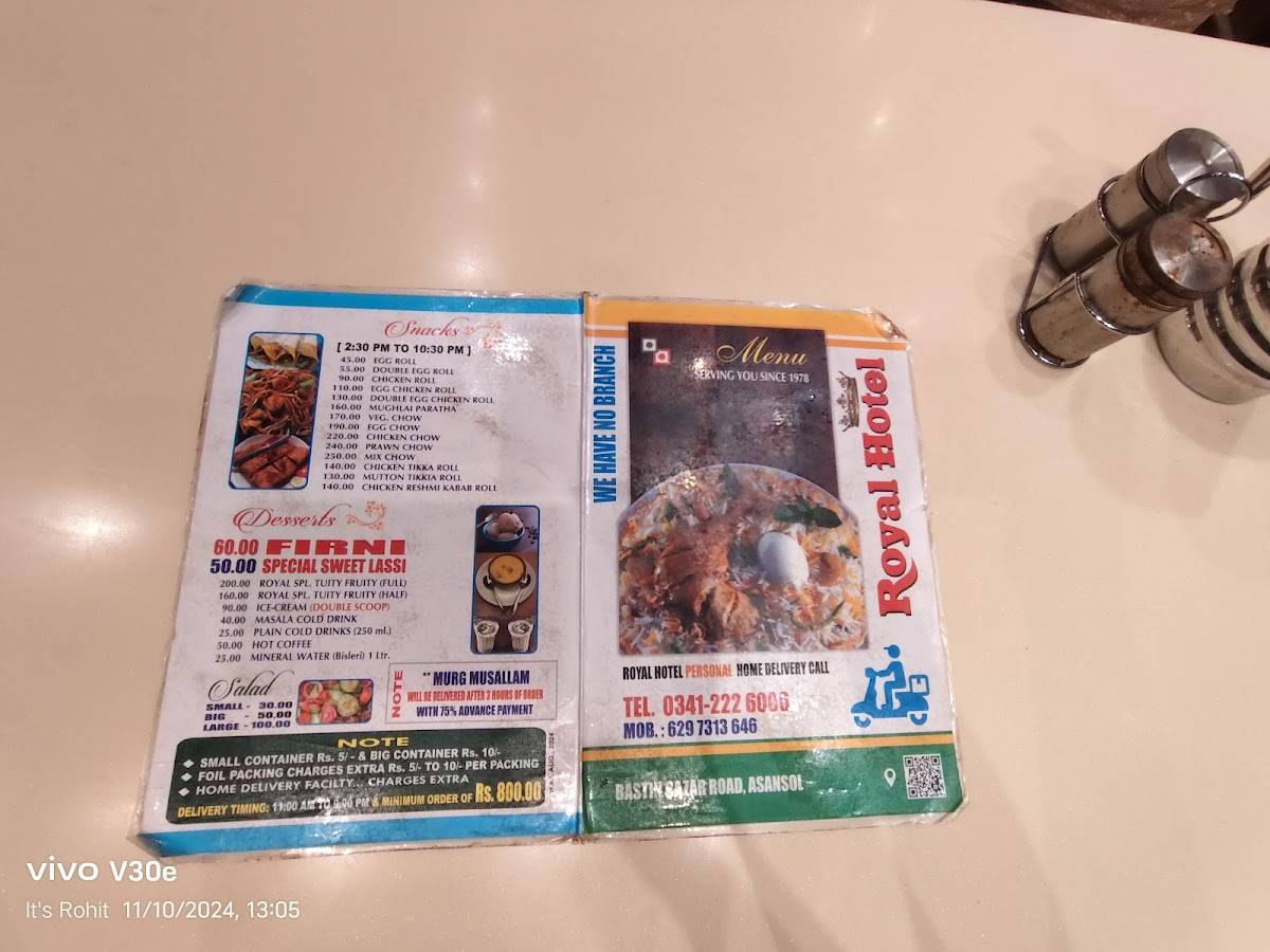 Royal Hotel menu
