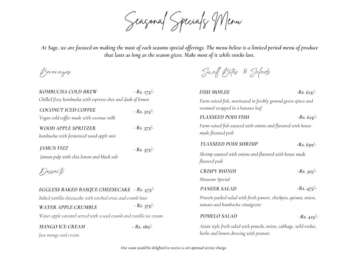 SAGE Farm Cafe menu
