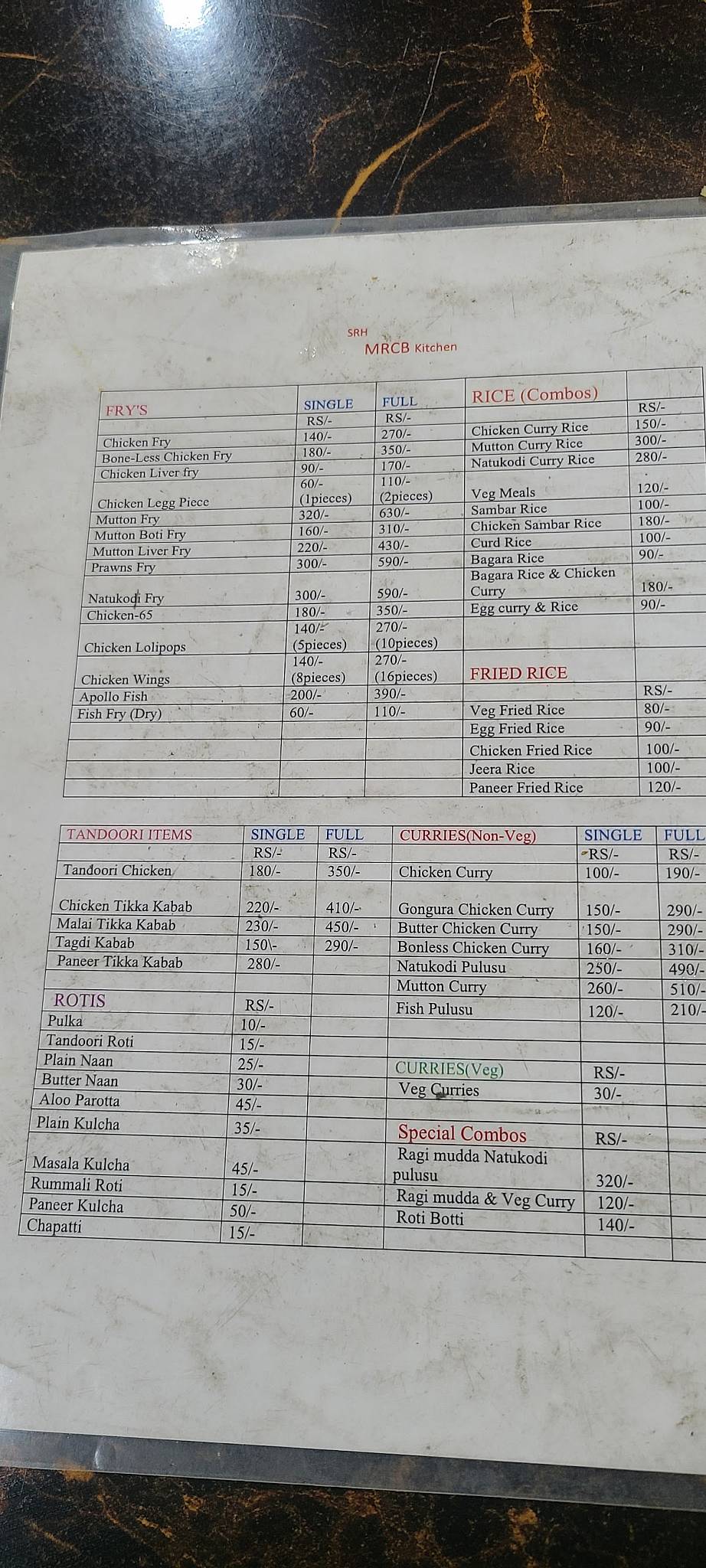 SR MRCB Chicken Bazar menu