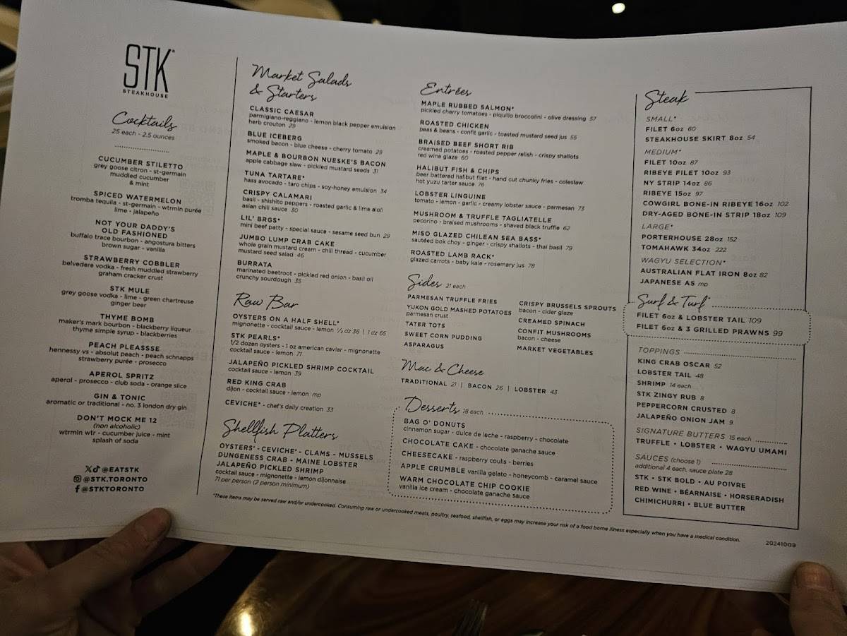 Menu de STK Steakhouse