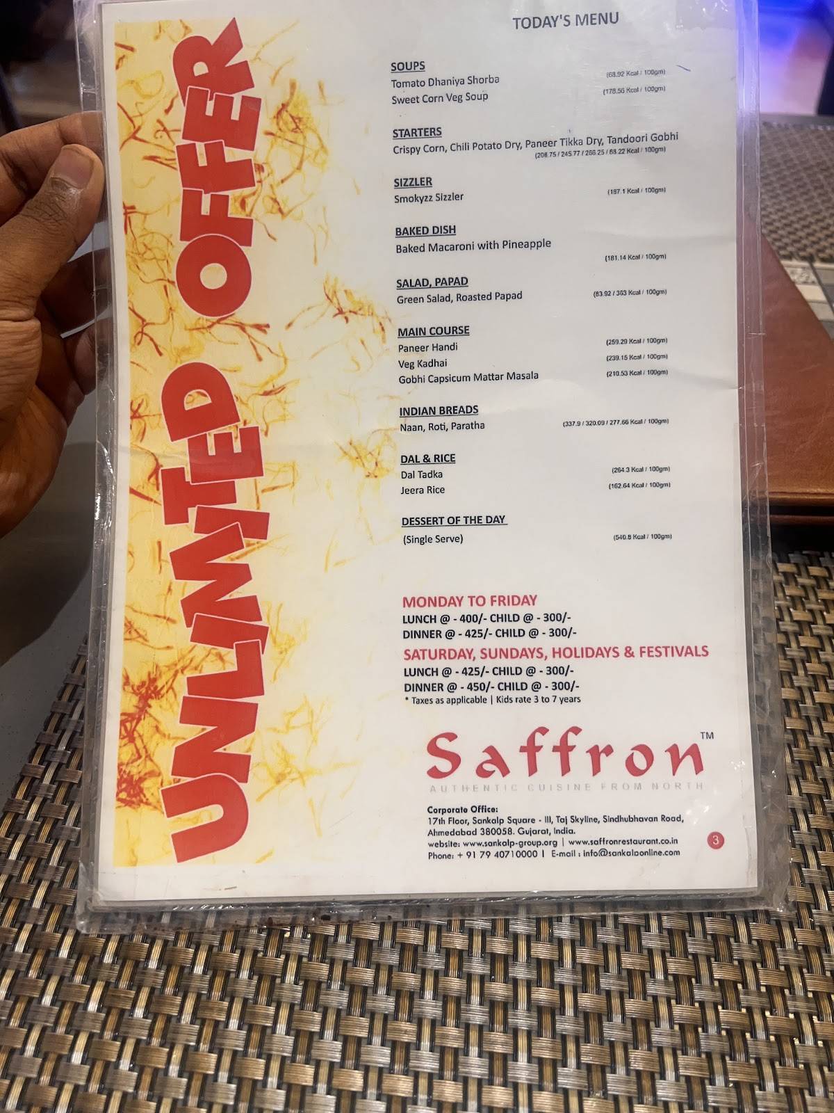 Saffron Restaurant menu