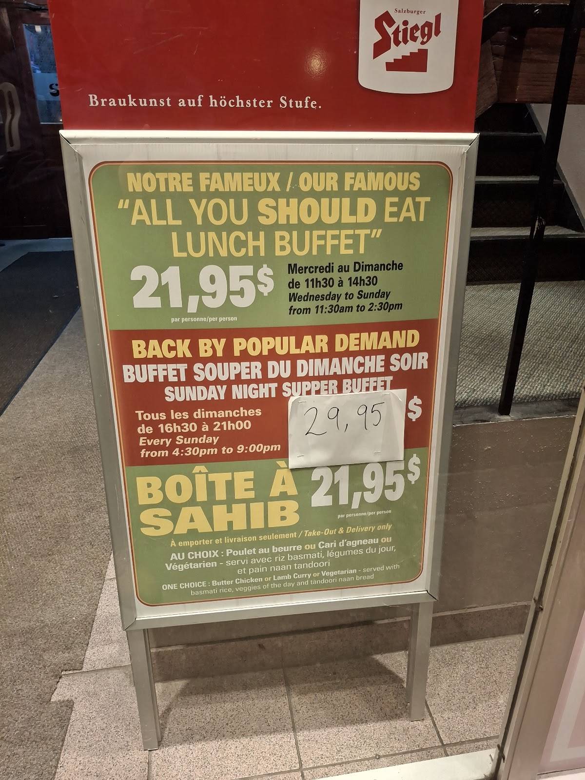 Menu de Sahib Indian Restaurant - POINTE-CLAIRE: Dine-in, Take-Out & Delivery