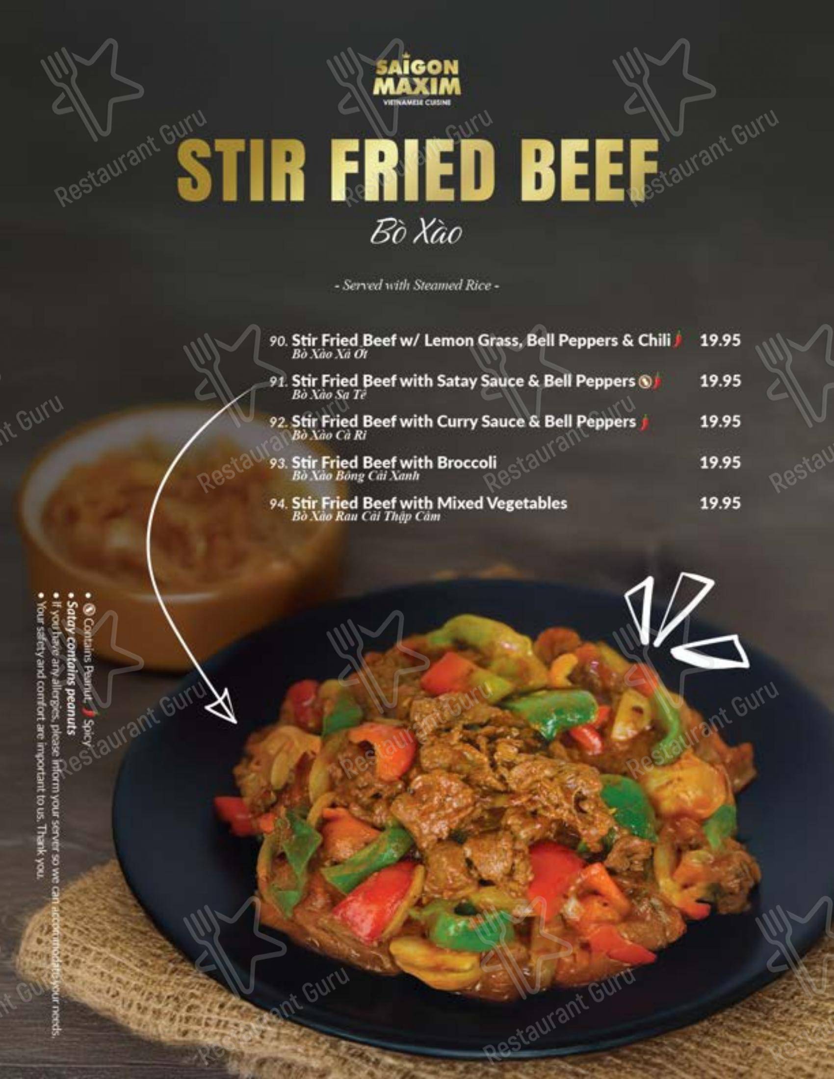 Menu pour Saigon Maxim (Riverbend) restaurant