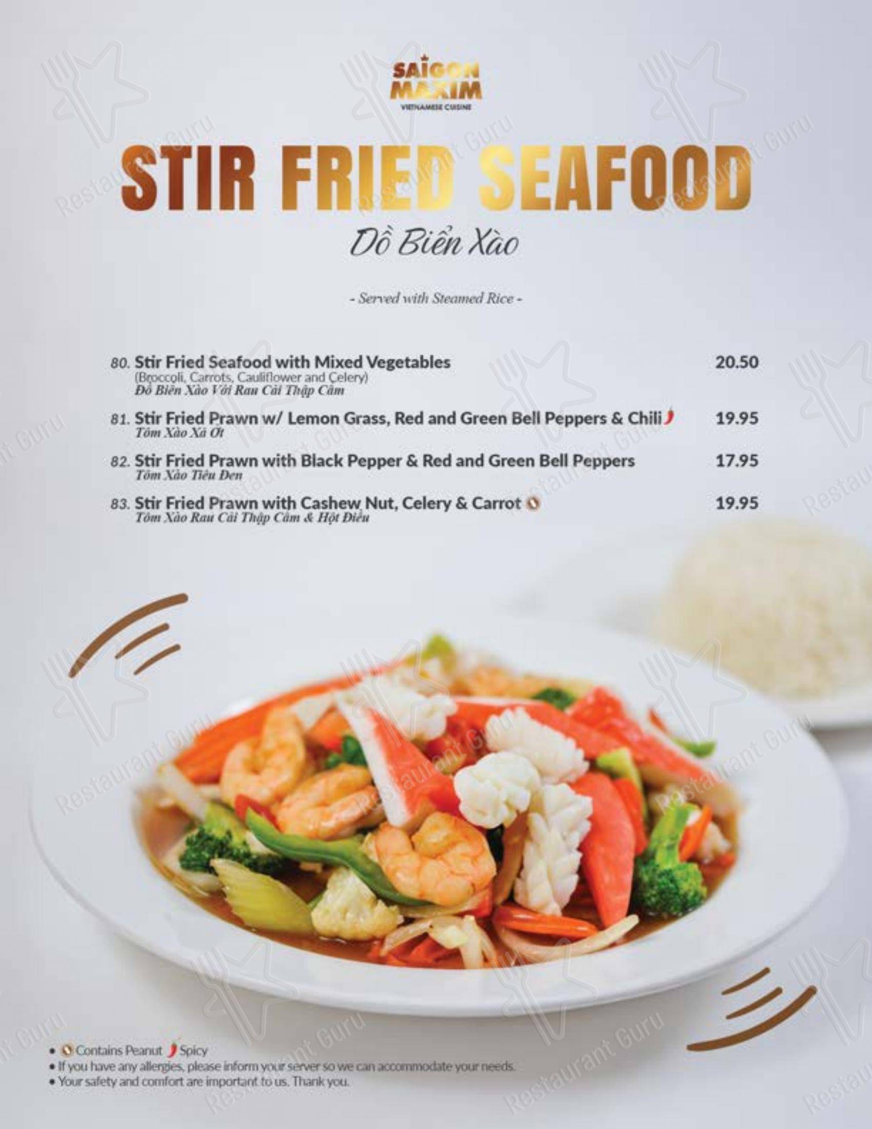 Menu pour Saigon Maxim (Riverbend) restaurant