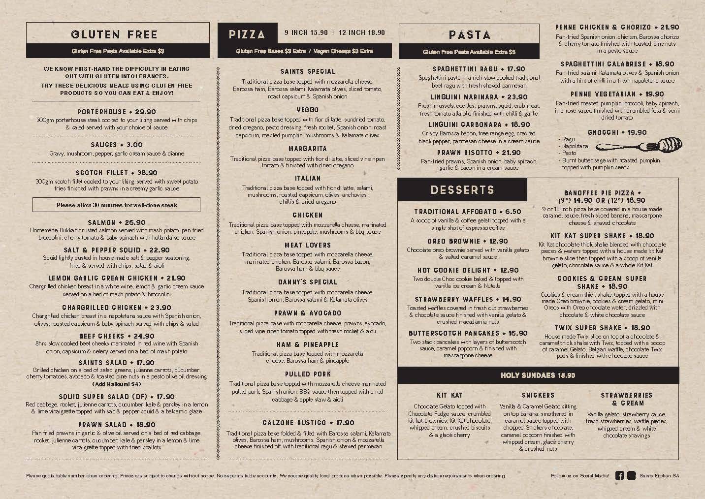 Menu at Saints Kitchen restaurant, Salisbury Park