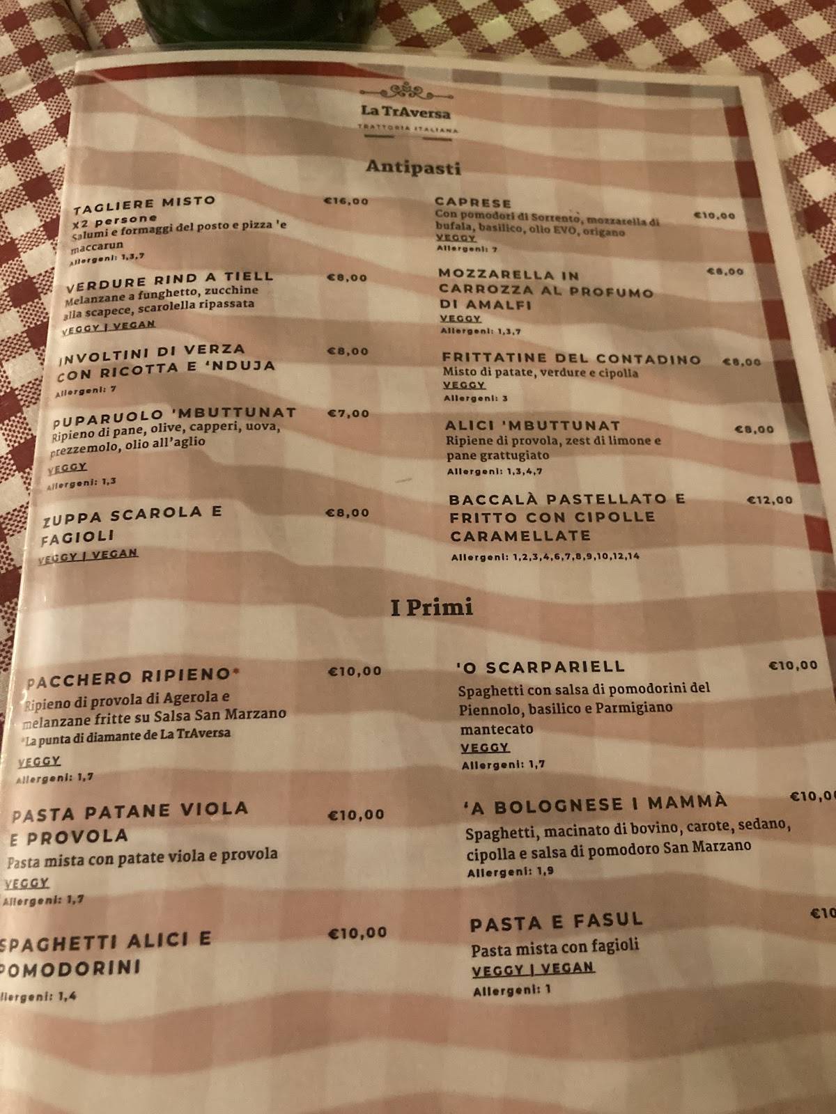 Menu di La Traversa - Trattoria Italiana 