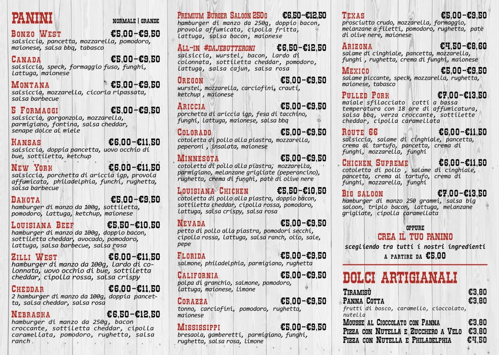 Menu di Saloon del Panino - Portuense 