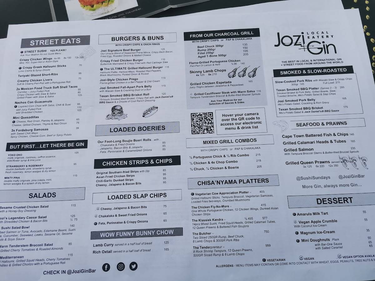 Menu at Jozi Gin Morningside pub & bar, Sandton