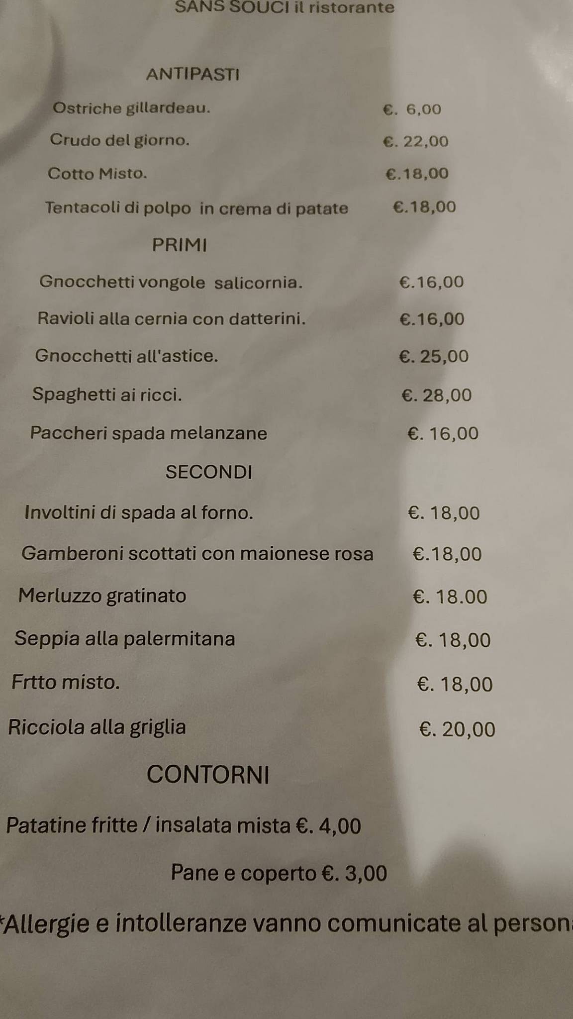 Menu di Sans souci 