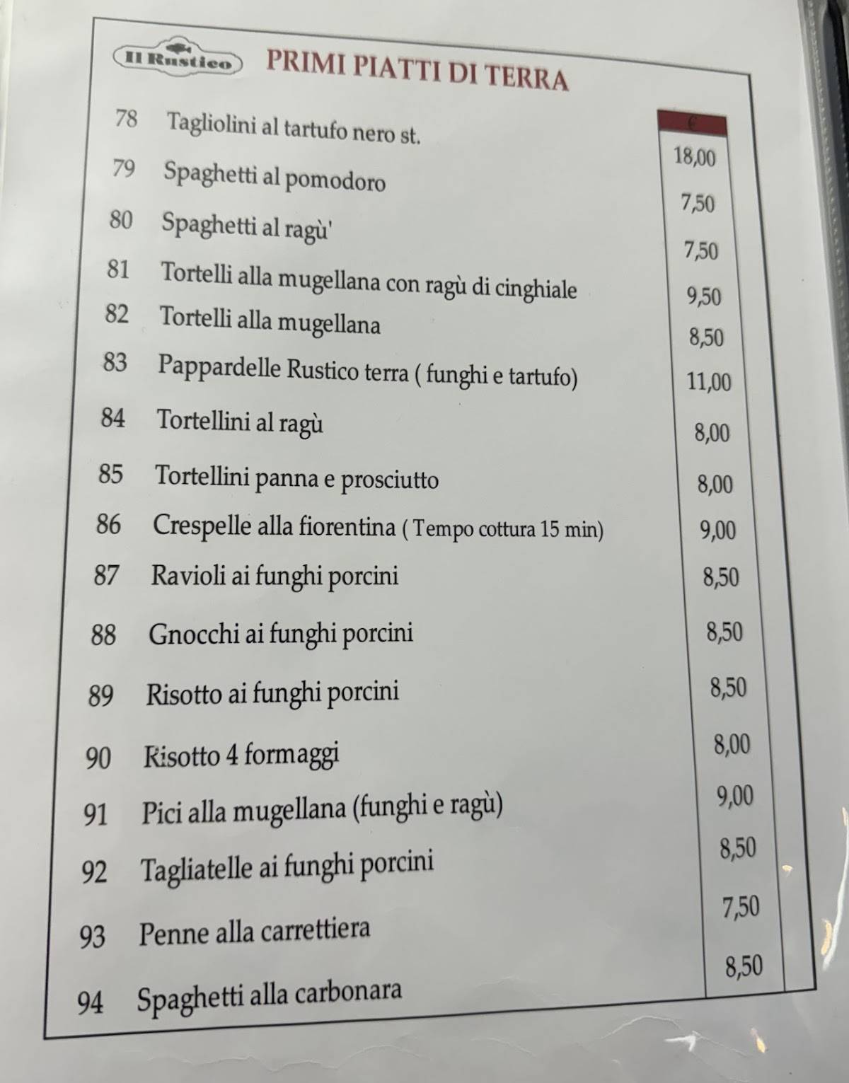 Menu di Il Rustico - Ristorante Pizzeria Specialita' Marinare Scarperia e San Piero 