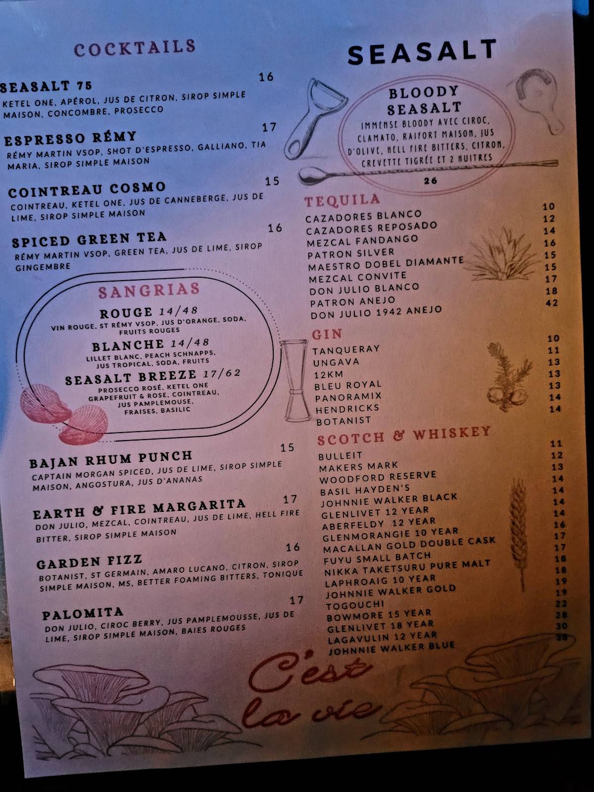 Menu at Seasalt restaurant, Montréal