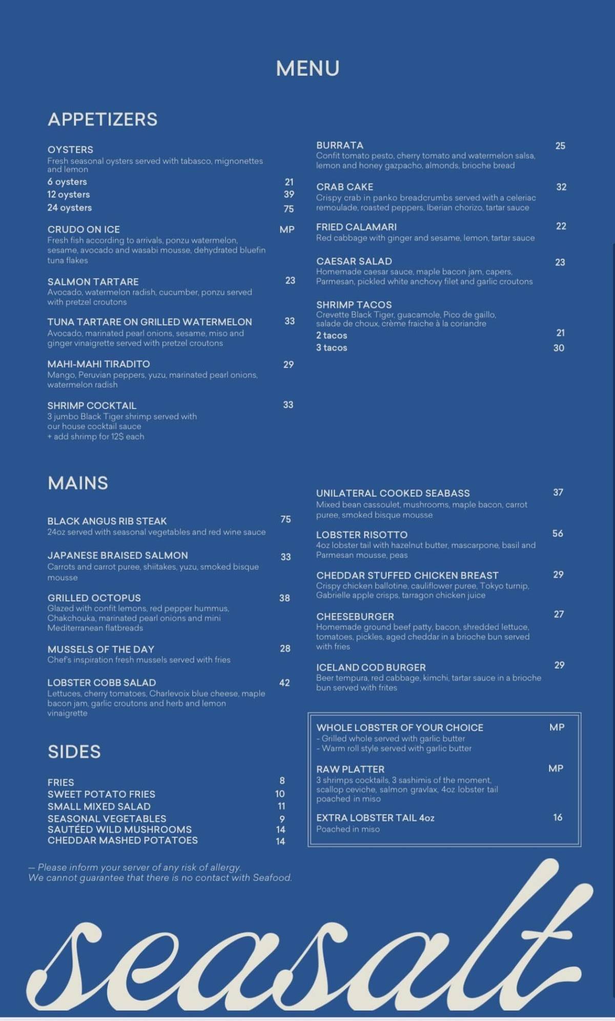 Menu at Seasalt restaurant, Montréal