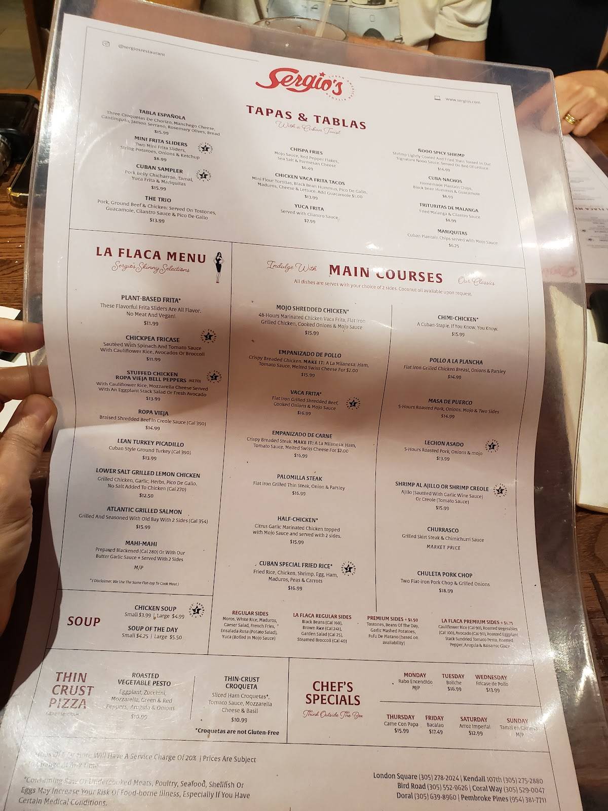 Menu at Sergio's Restaurant, Doral, NW 87th Ave