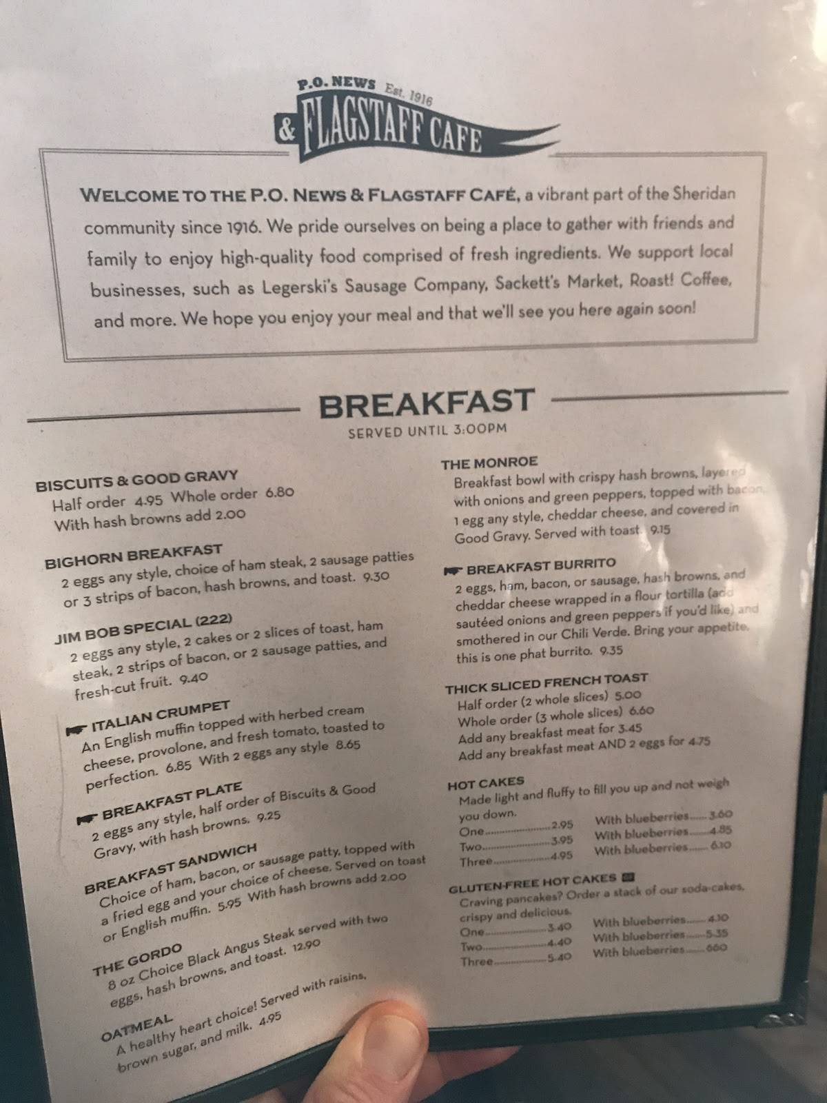 Menu at P.O. News & Flagstaff Cafe, Sheridan