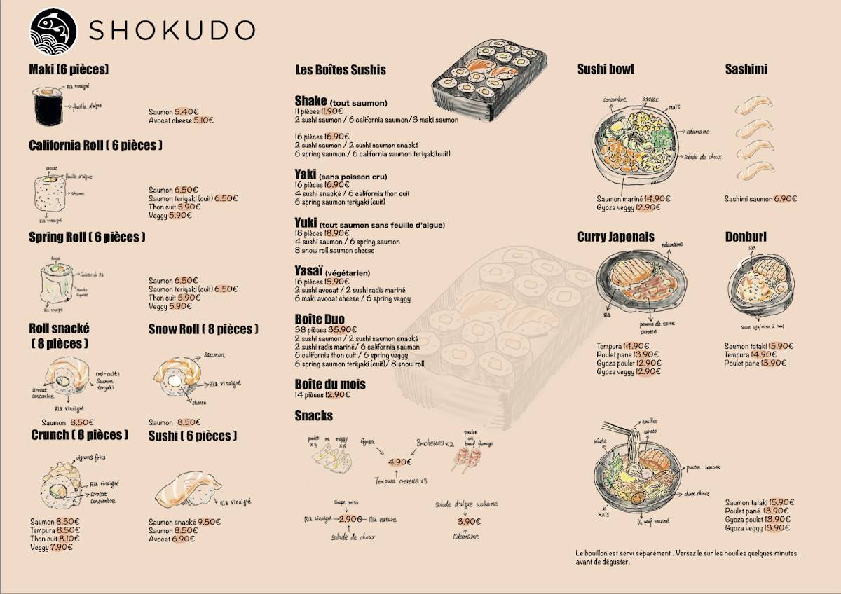 Menu de Shokudo Rond Point de Rennes