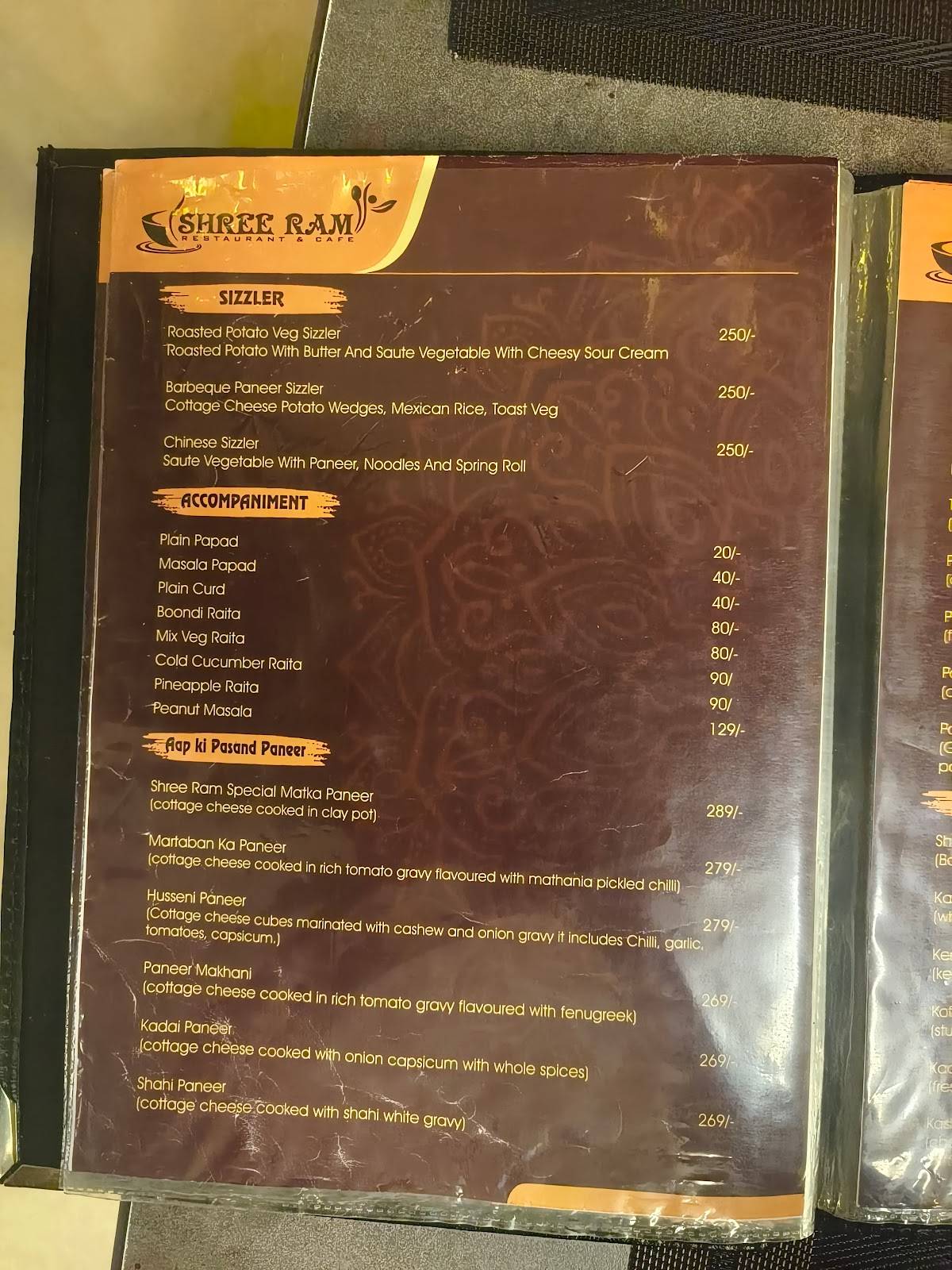 Shree Ram Restaurant & Cafe menu