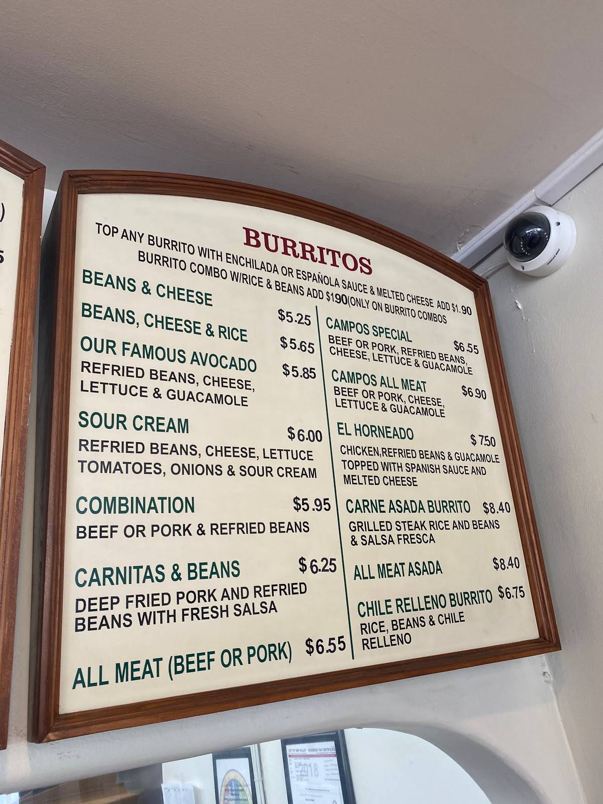Menu at Campos Famous Burritos restaurant, Simi Valley