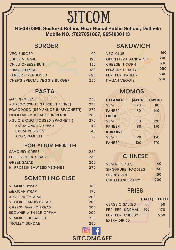 Sitcom Cafe menu