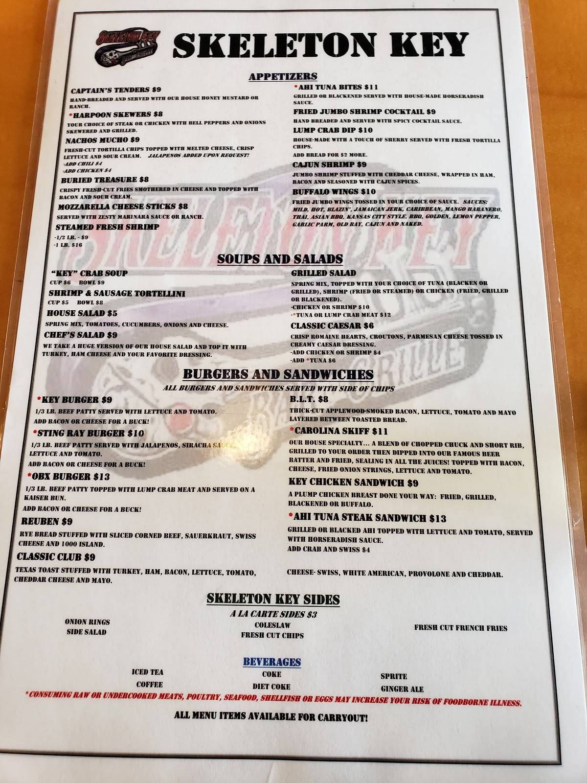 Menu at Skeleton Key Bar and Grille, Chesapeake