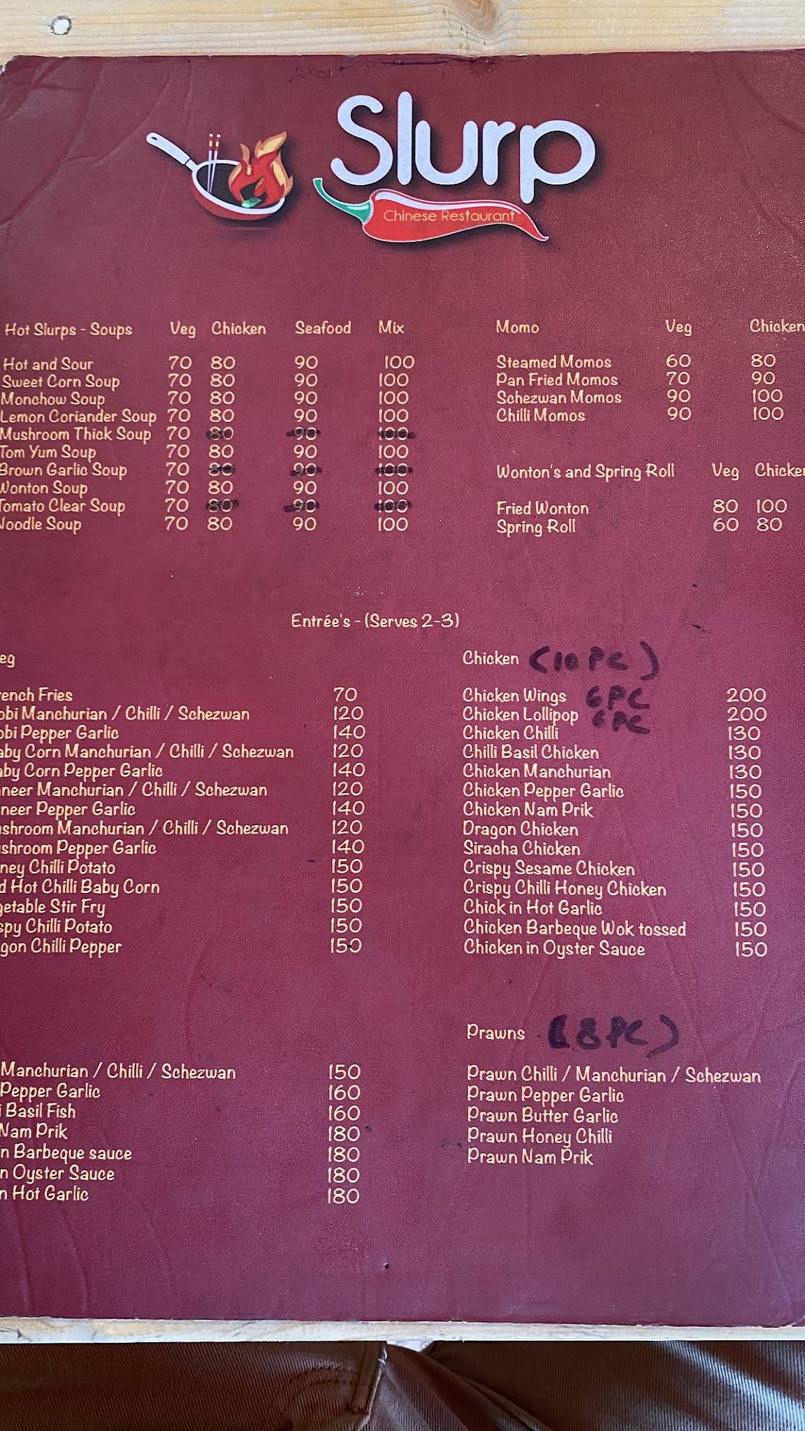 Slurp Chinese Restaurant menu