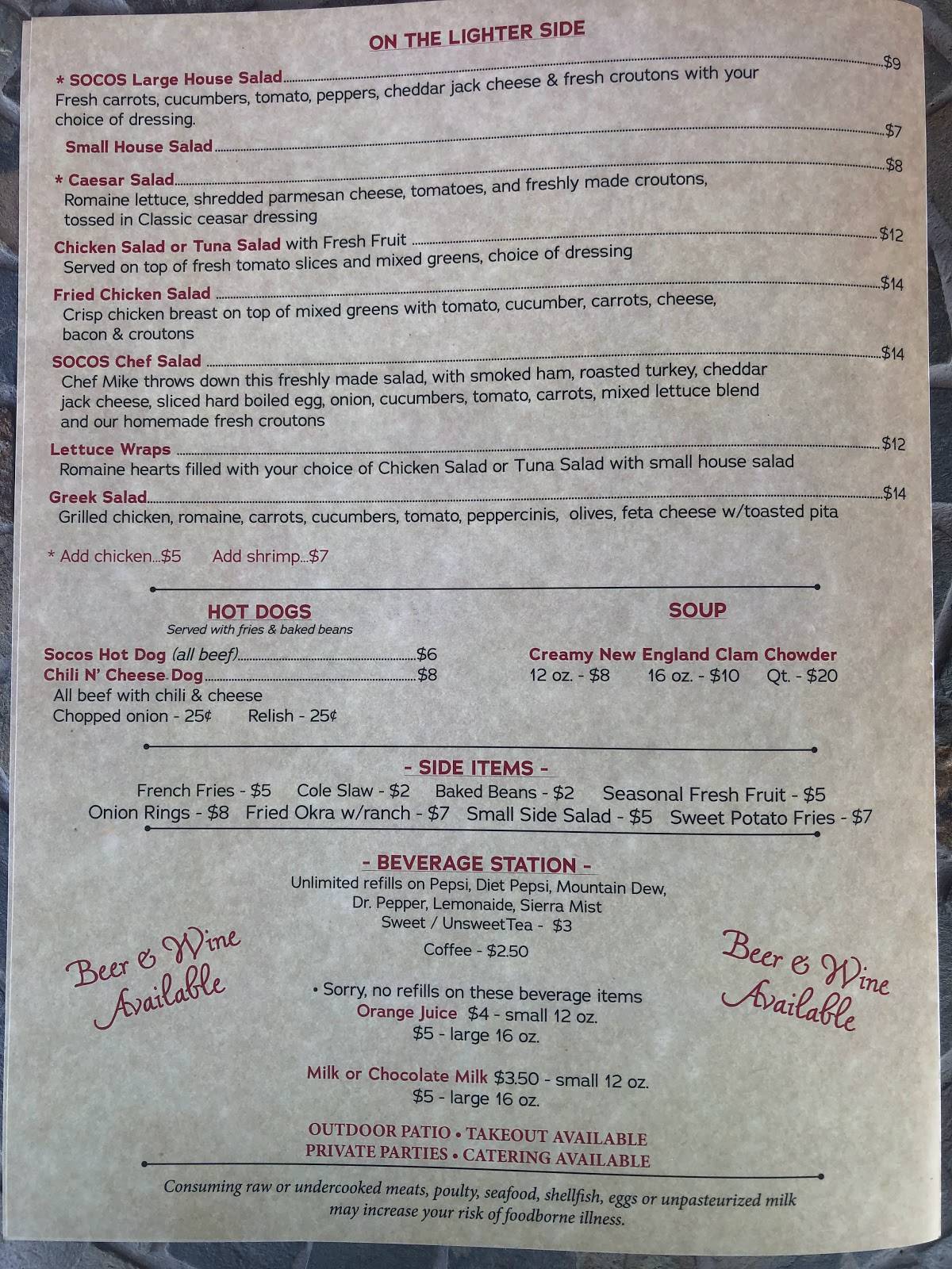 Menu at Socos House of Eats restaurant, Homosassa