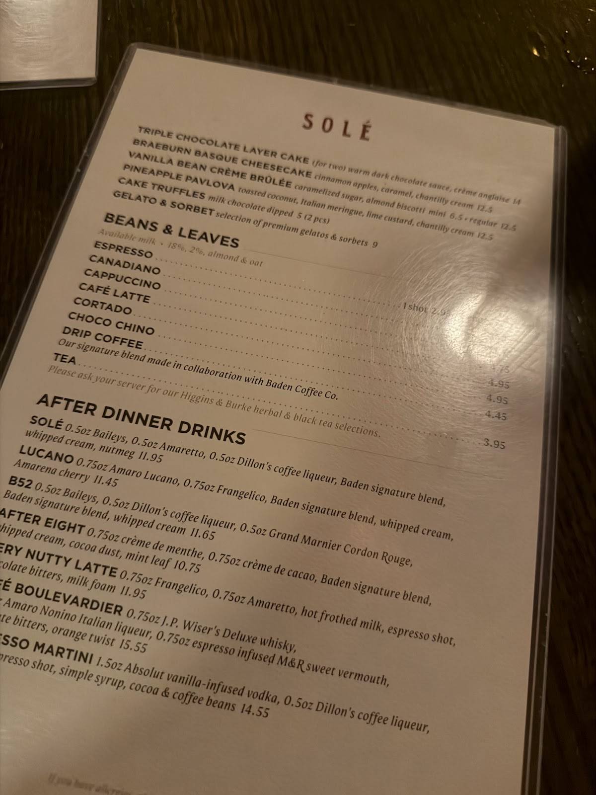 Menu de Solé Uptown