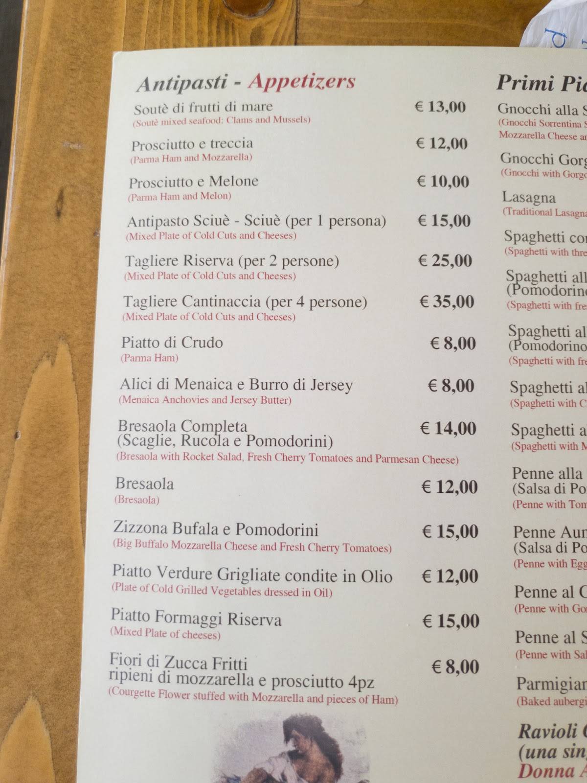 Menu at La Cantinaccia del Popolo restaurant, Sorrento
