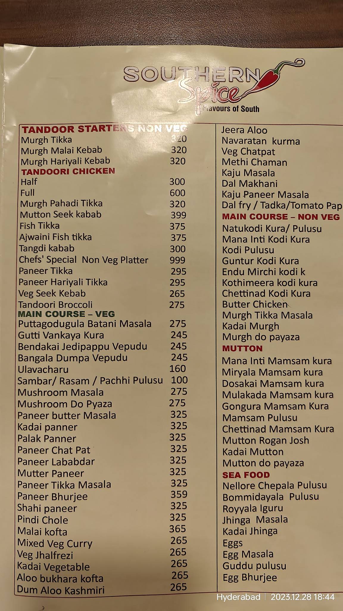 Southern Spice -Flavours of South menu