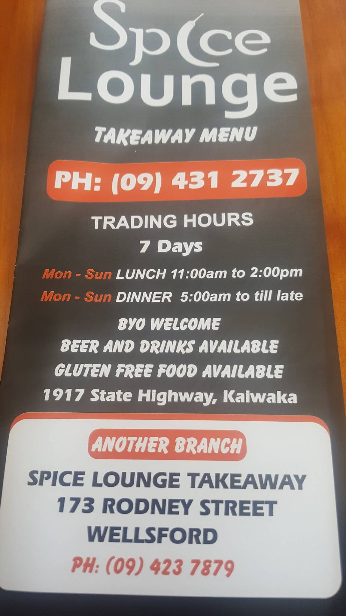 Menu at Spice Lounge restaurant, Kaiwaka