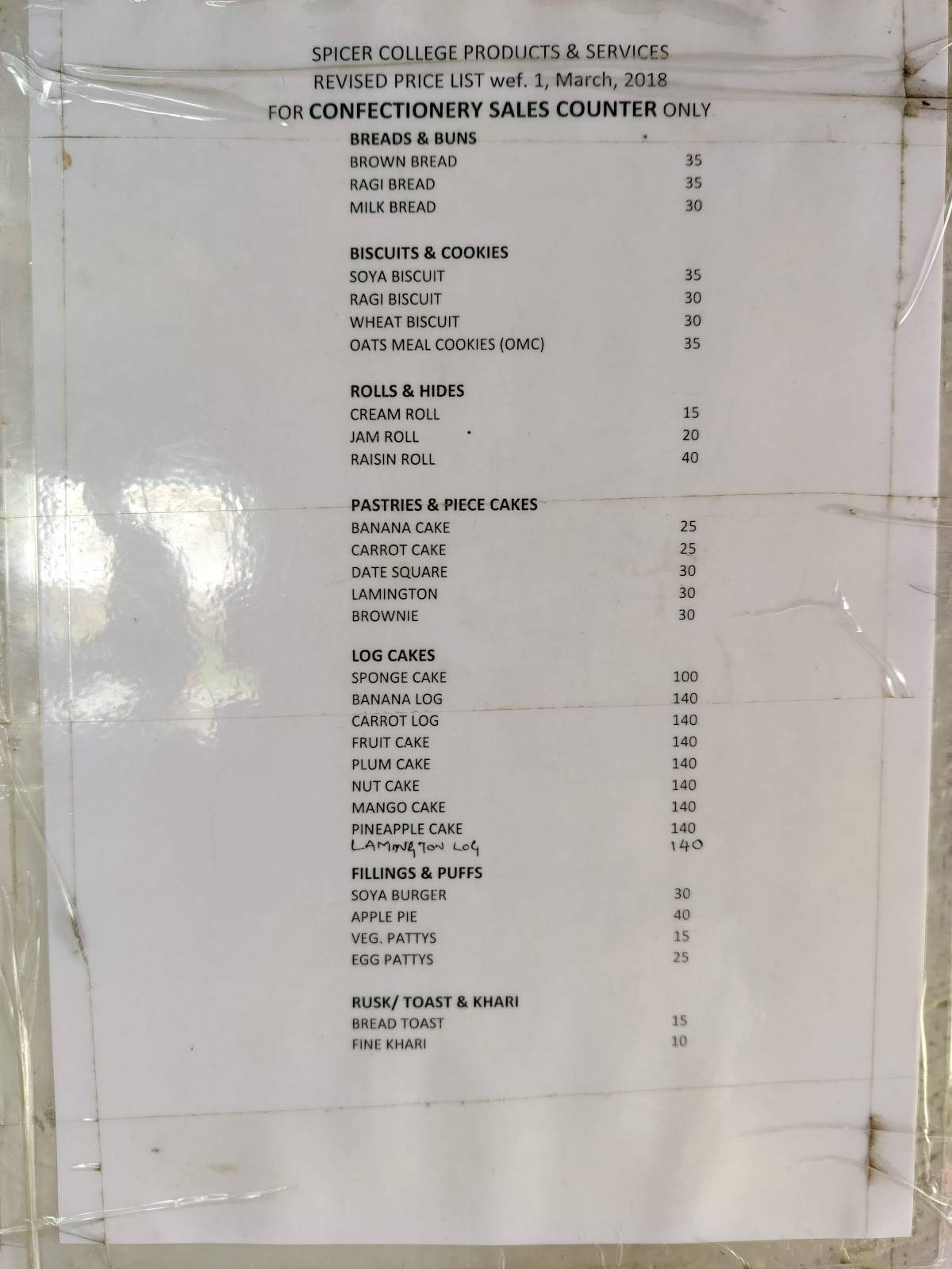 Spicer College Bakery and Confectionery menu