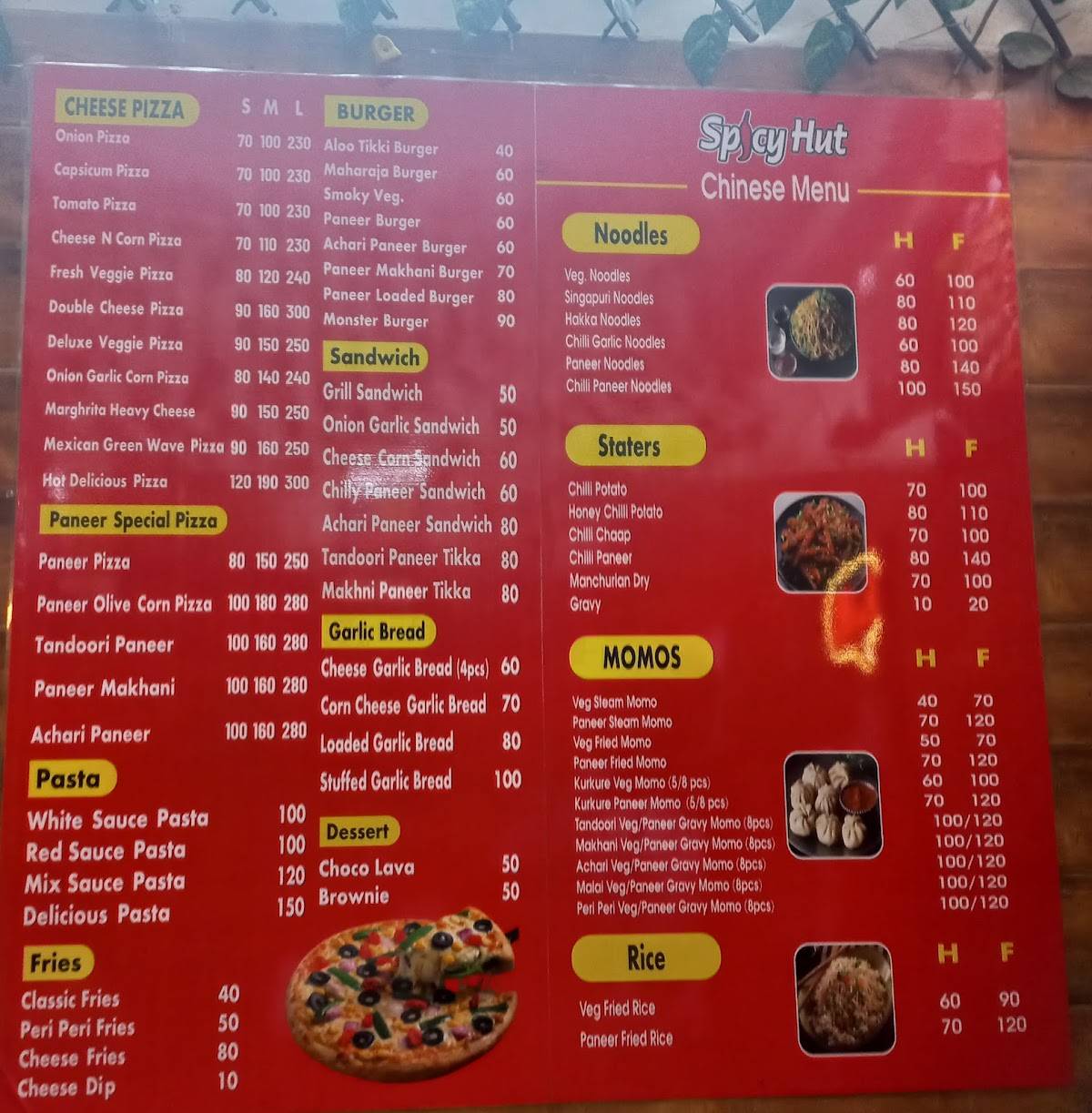 Spicy Hut Pizza menu