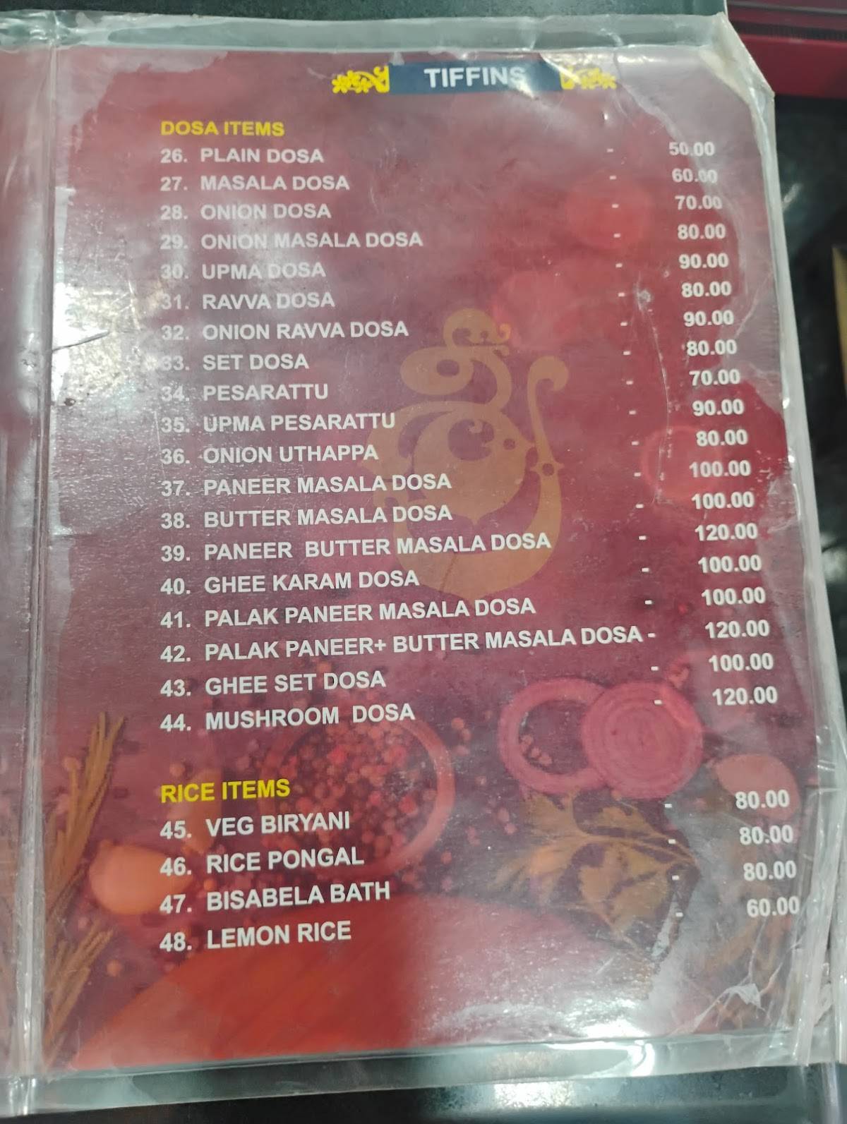 Sri Raghavendra Bhavan menu