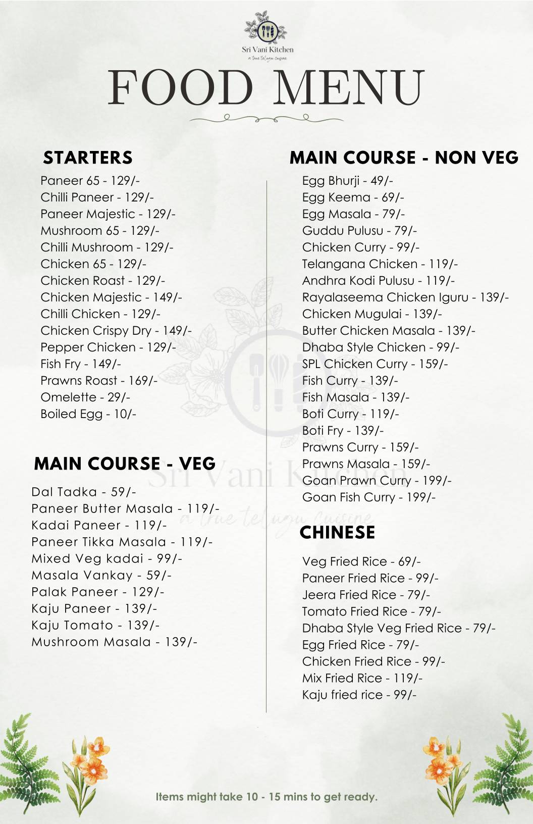 Sri Vani Kitchen menu