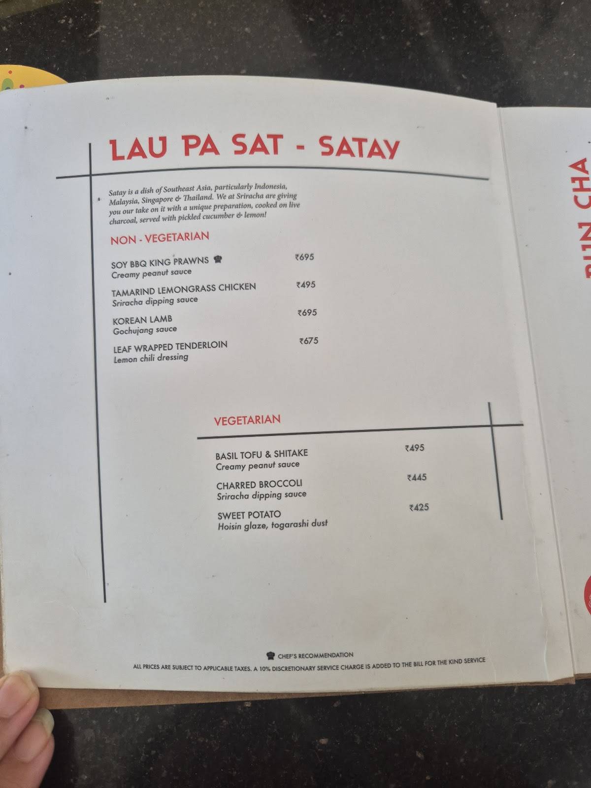 Sriracha menu