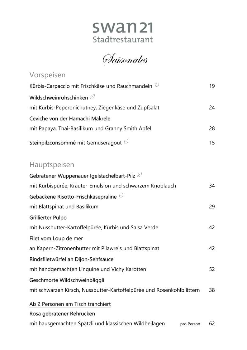 Menu di Stadtrestaurant swan21 