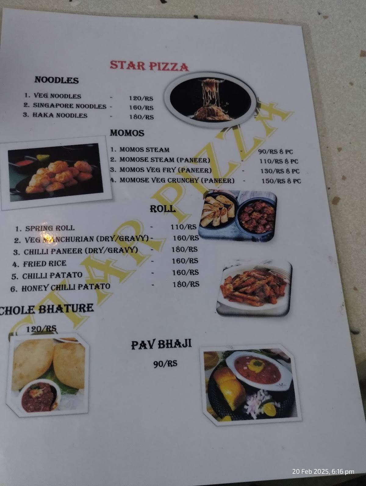 Star Pizza menu